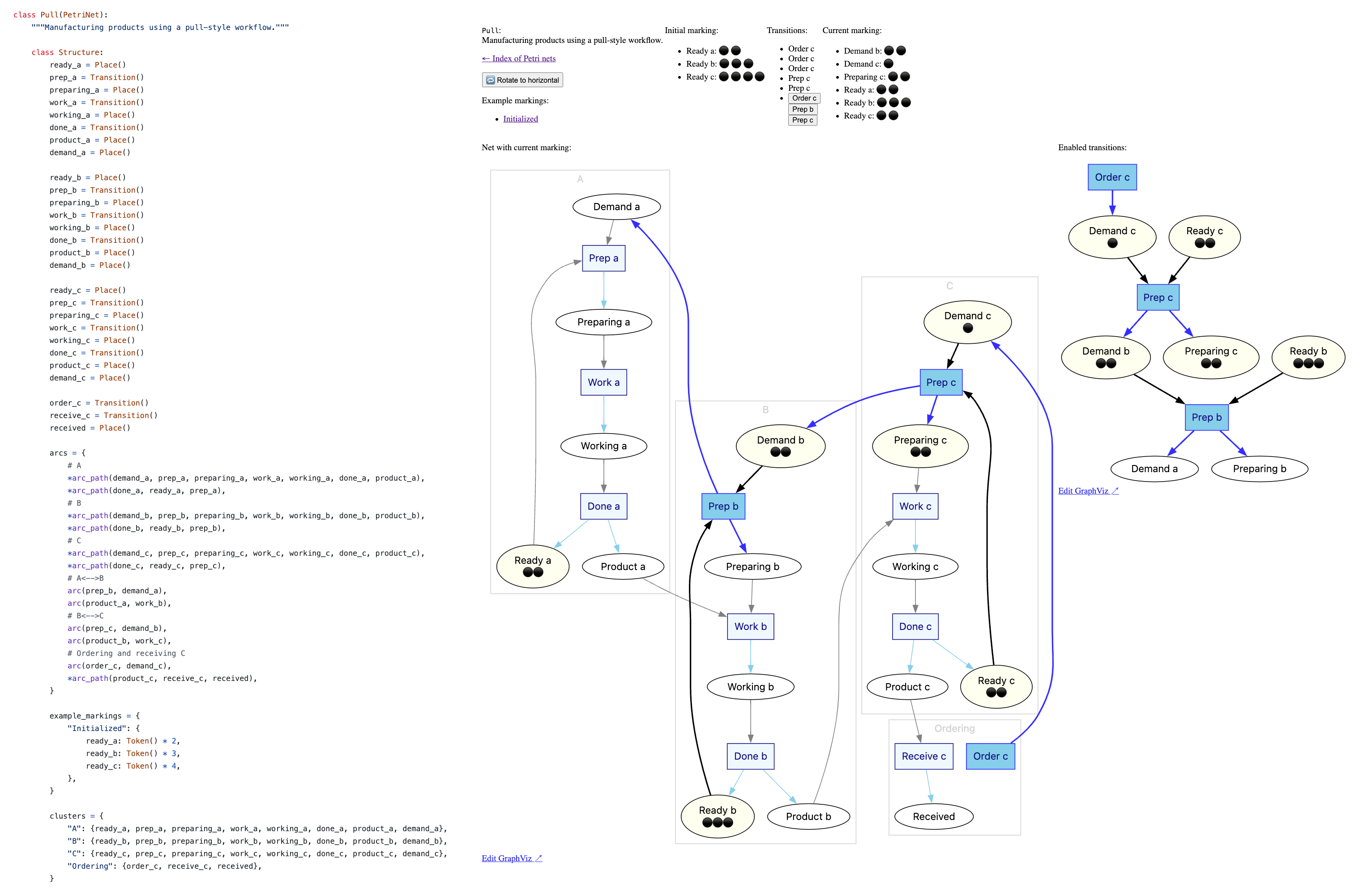 Code and simulator screenshot for a Petri net showing pull-style manufacturing workflow