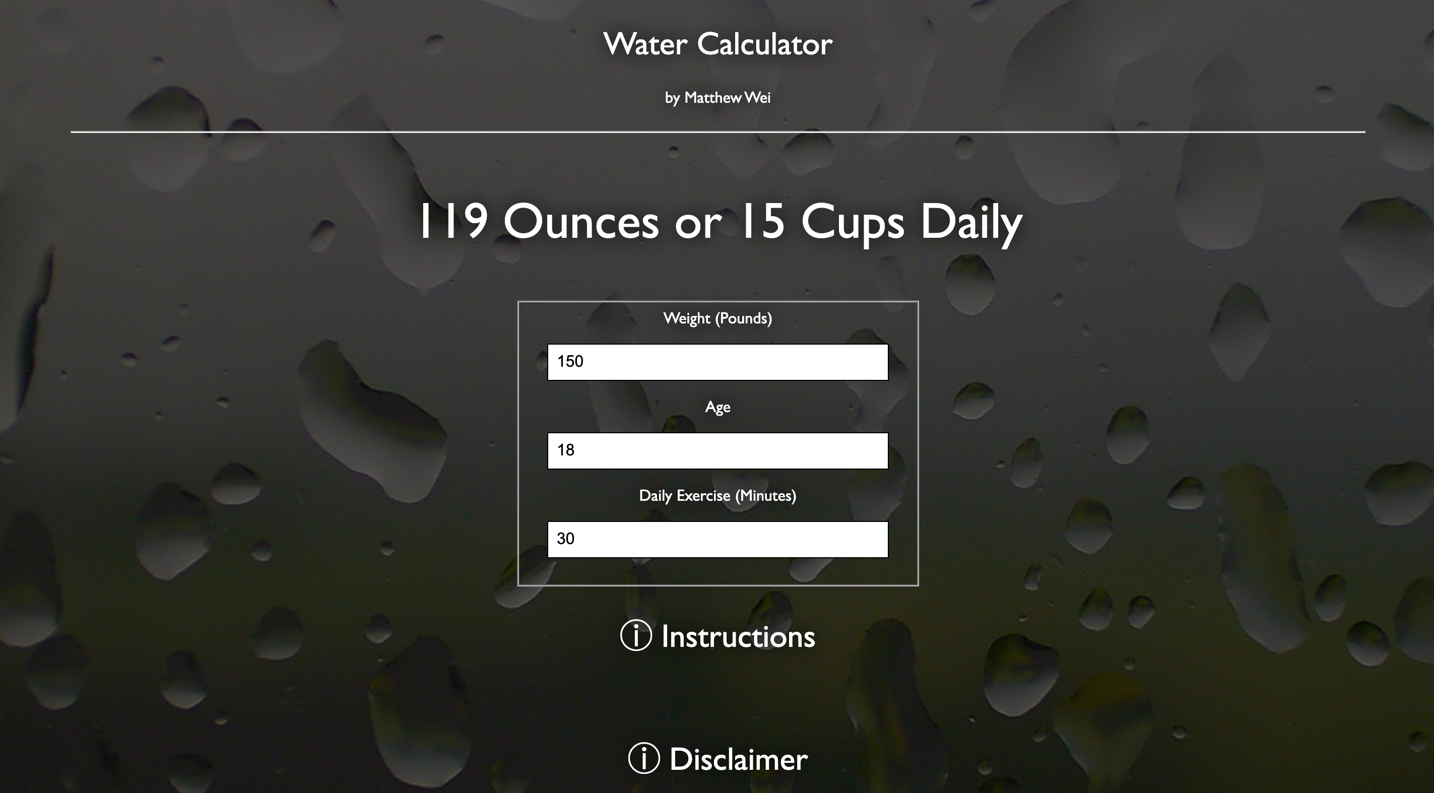 Screenshot of water calculator