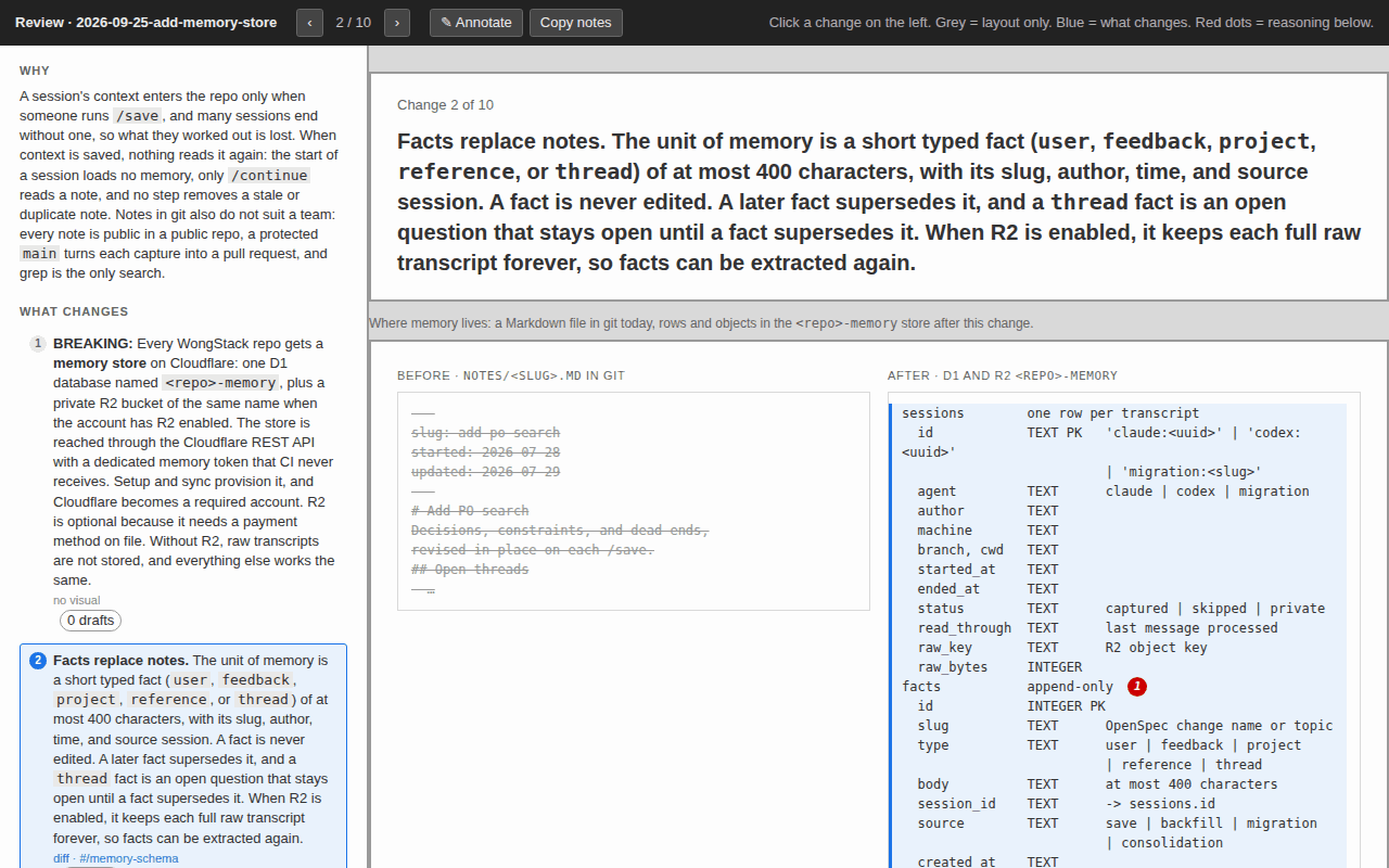 A review page for a planned change: the change list on the left, and a before-and-after view of the selected change on the right