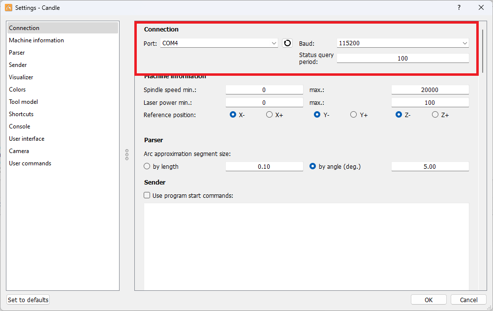 Candle COM Port Settings