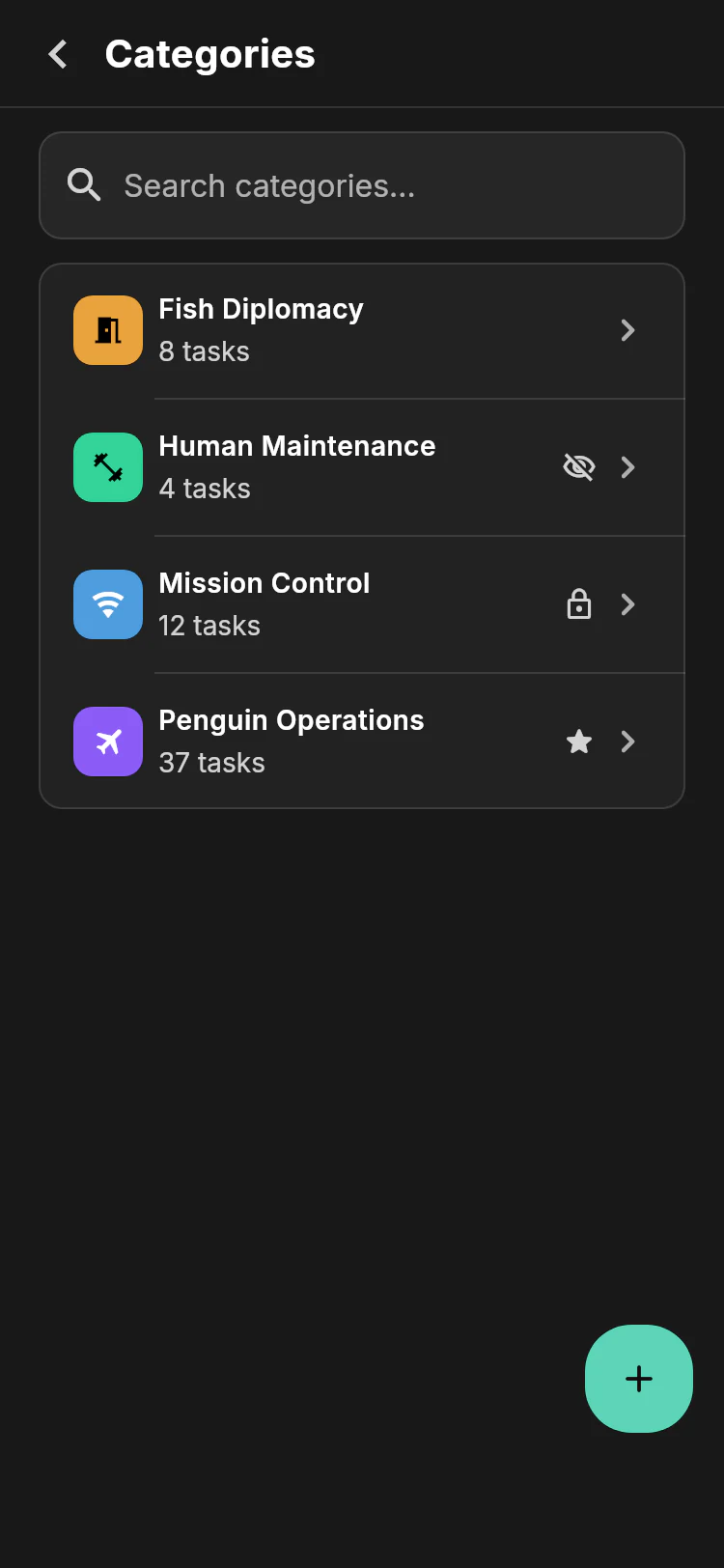 Category settings containing Penguin Operations, Mission Control, Fish Diplomacy, and Human Maintenance with task counts and status icons