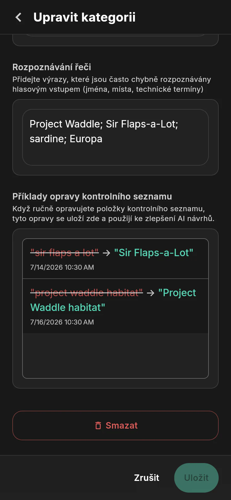 Pokročilé nastavení Tučňáčího provozu se slovní zásobou rozpoznání Project Waddle a naučenými opravami kontrolního seznamu pro Sir Flaps-a-Lot