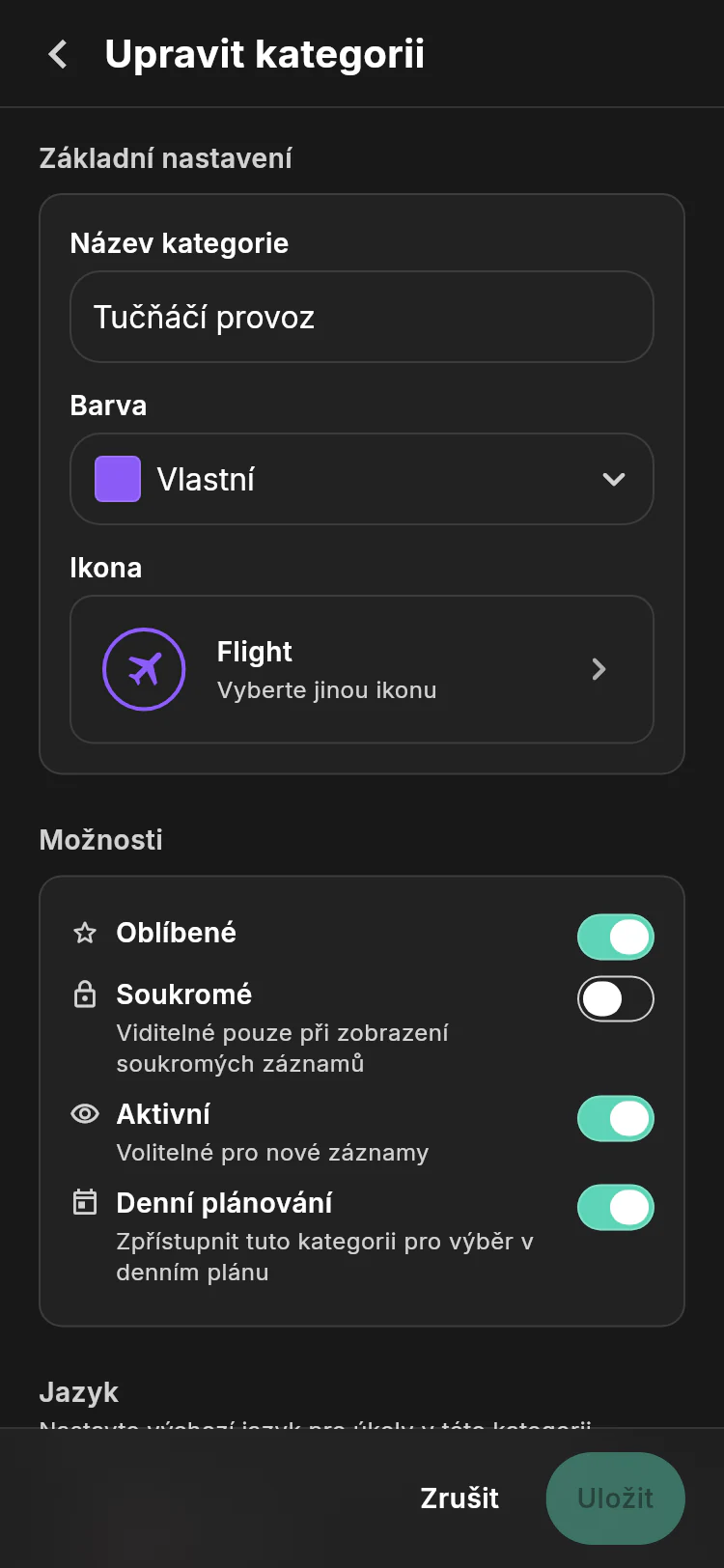 Editor kategorie Tučňáčí provoz s názvem, fialovou identitou letu a volbami oblíbené, soukromé, aktivní a denní plánování