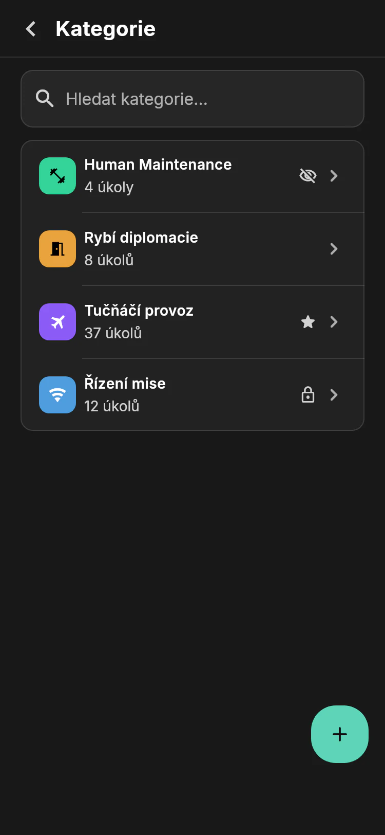 Nastavení kategorií s Tučňáčím provozem, Řízením mise, Rybí diplomacií a Péčí o posádku, počty úkolů a stavovými ikonami
