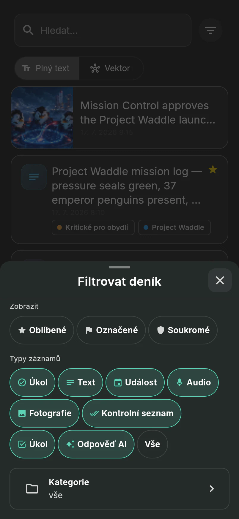 Dialog filtru deníku s ovládáním oblíbených, označených, soukromých, typů záznamu a kategorií nad tokem tučňáčí logistiky