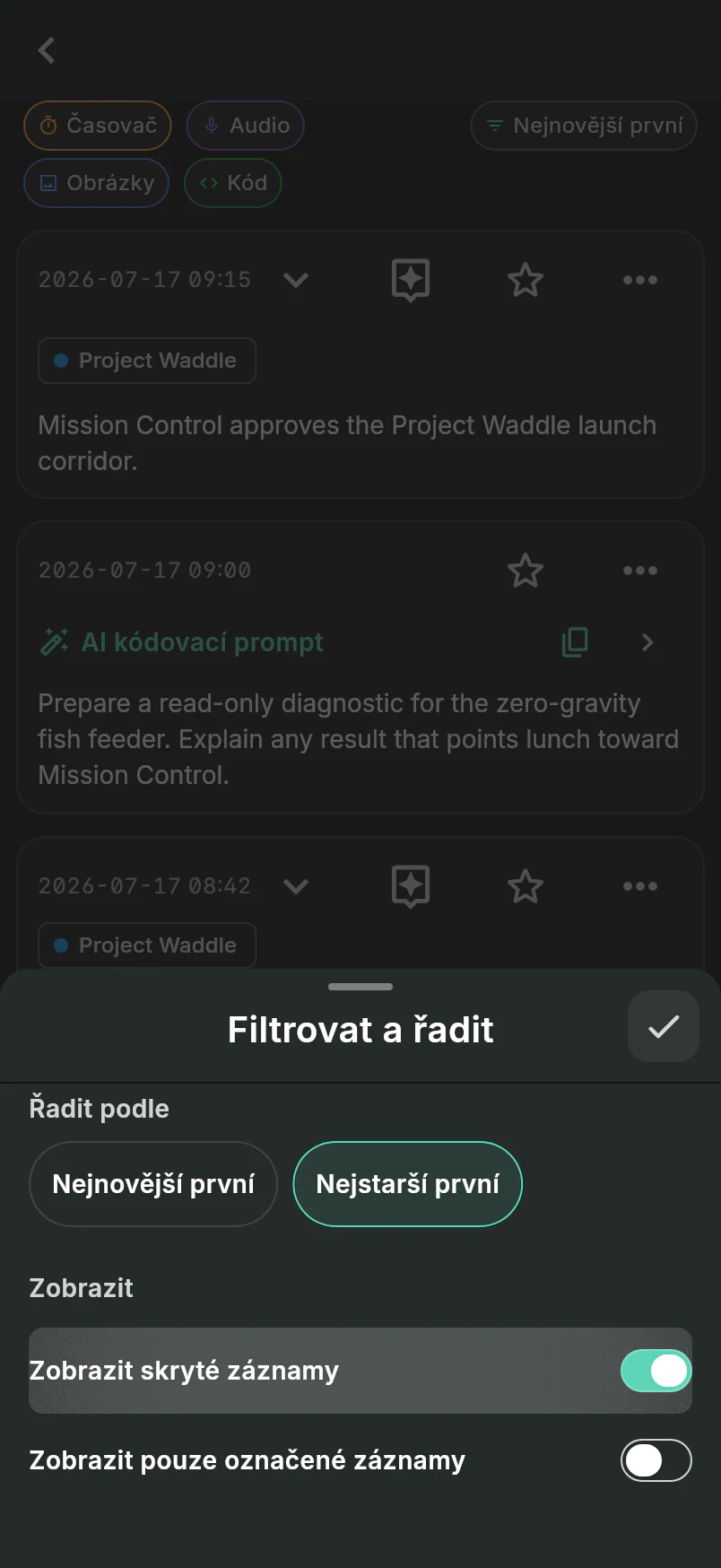 Panel Filtrovat a řadit nad propojenou aktivitou Project Waddle s volbami Nejstarší první a Zobrazit skryté záznamy