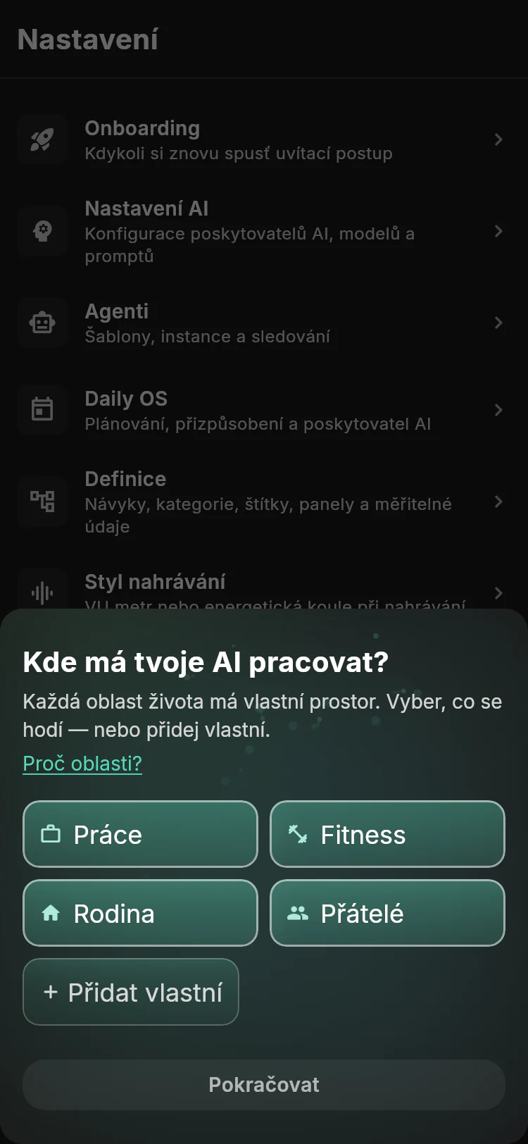 Výběr pracovních oblastí s Prací, Kondicí, Rodinou, Přáteli a možností přidat vlastní