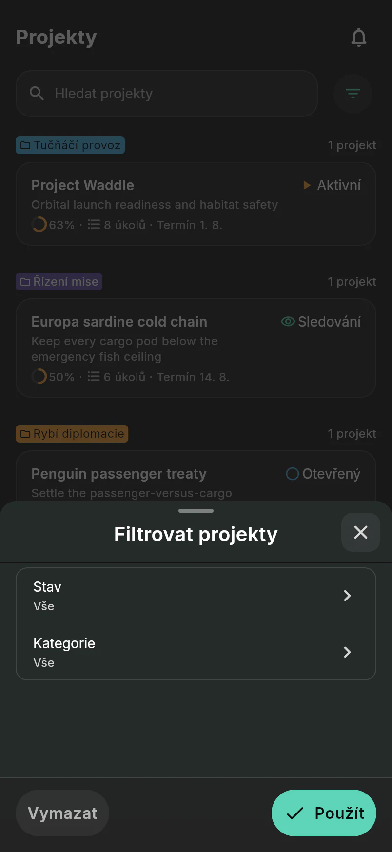 Dialog filtru projektů s ovládáním stavu a kategorie nad seznamem projektů Intergalactic Penguin Logistics