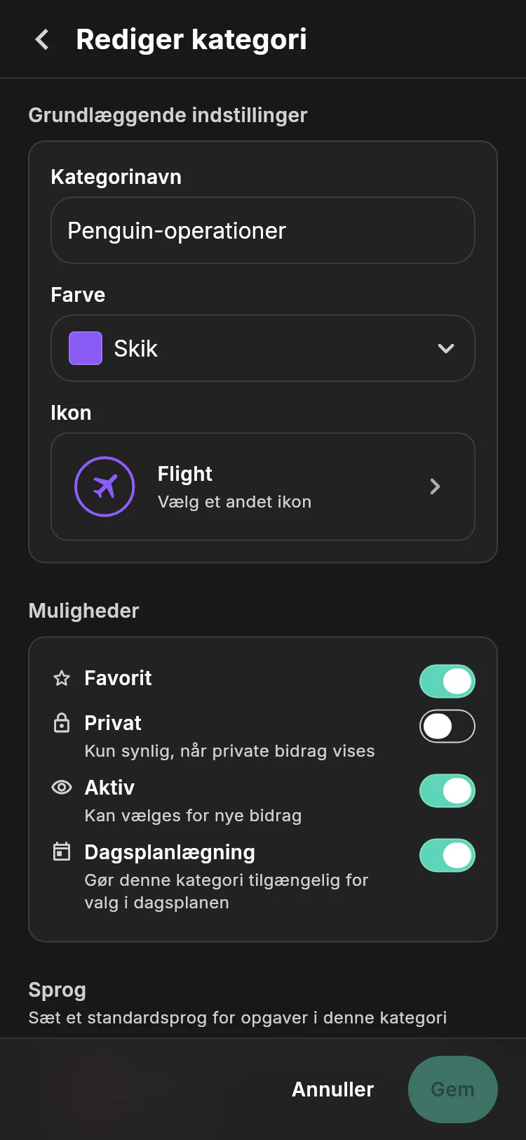 Penguin Operations category editor showing its name, purple flight identity, and favorite, private, active, and day-planning options