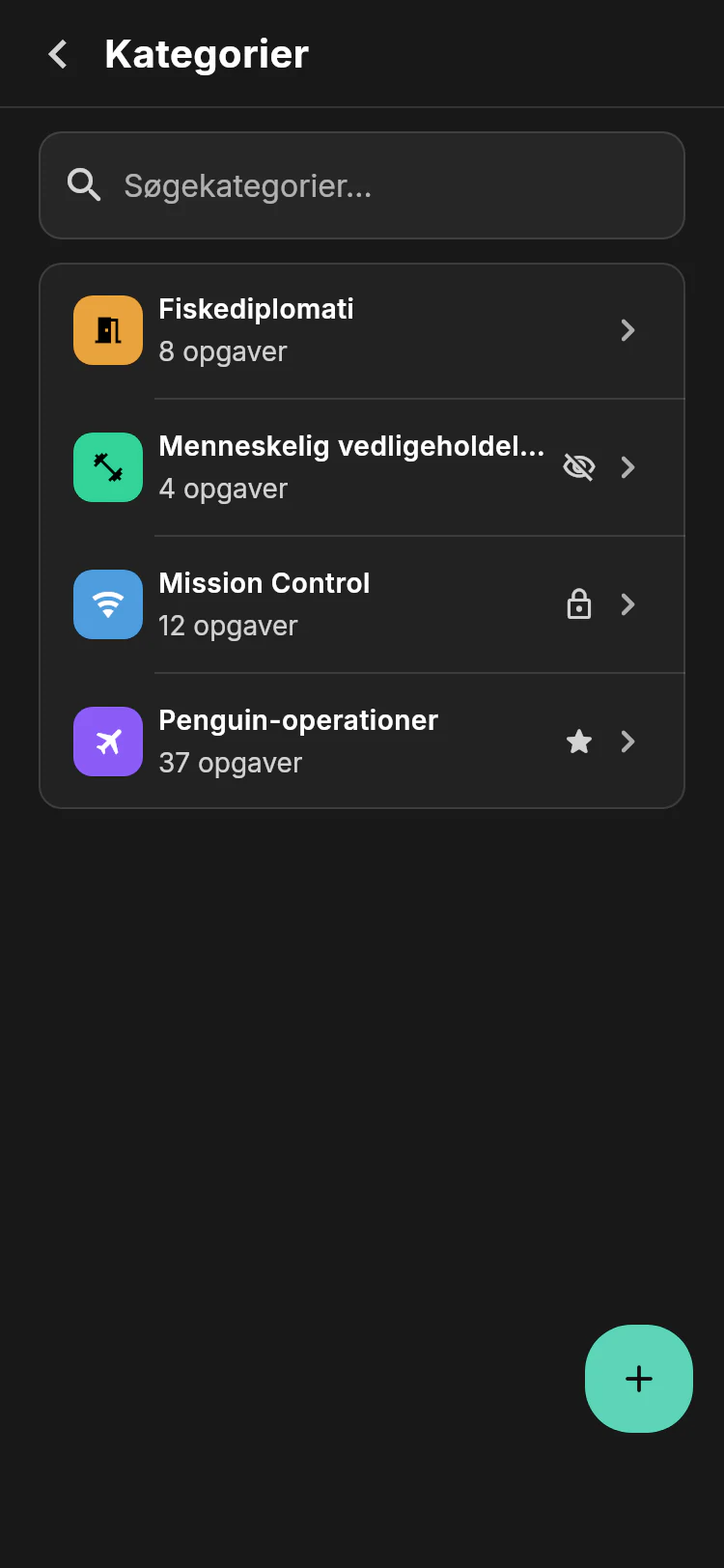 Category settings containing Penguin Operations, Mission Control, Fish Diplomacy, and Human Maintenance with task counts and status icons