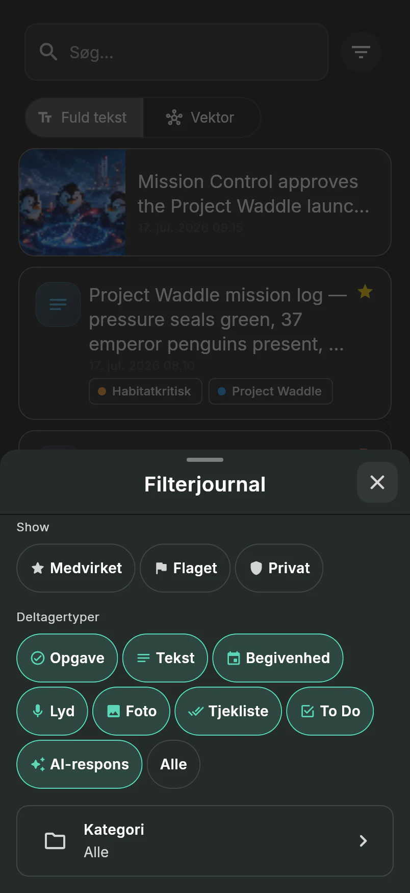 Journalfilter med kontroller for stjernemarkerede, markerede, private, posttyper og kategorier over pingvinlogistik-feedet