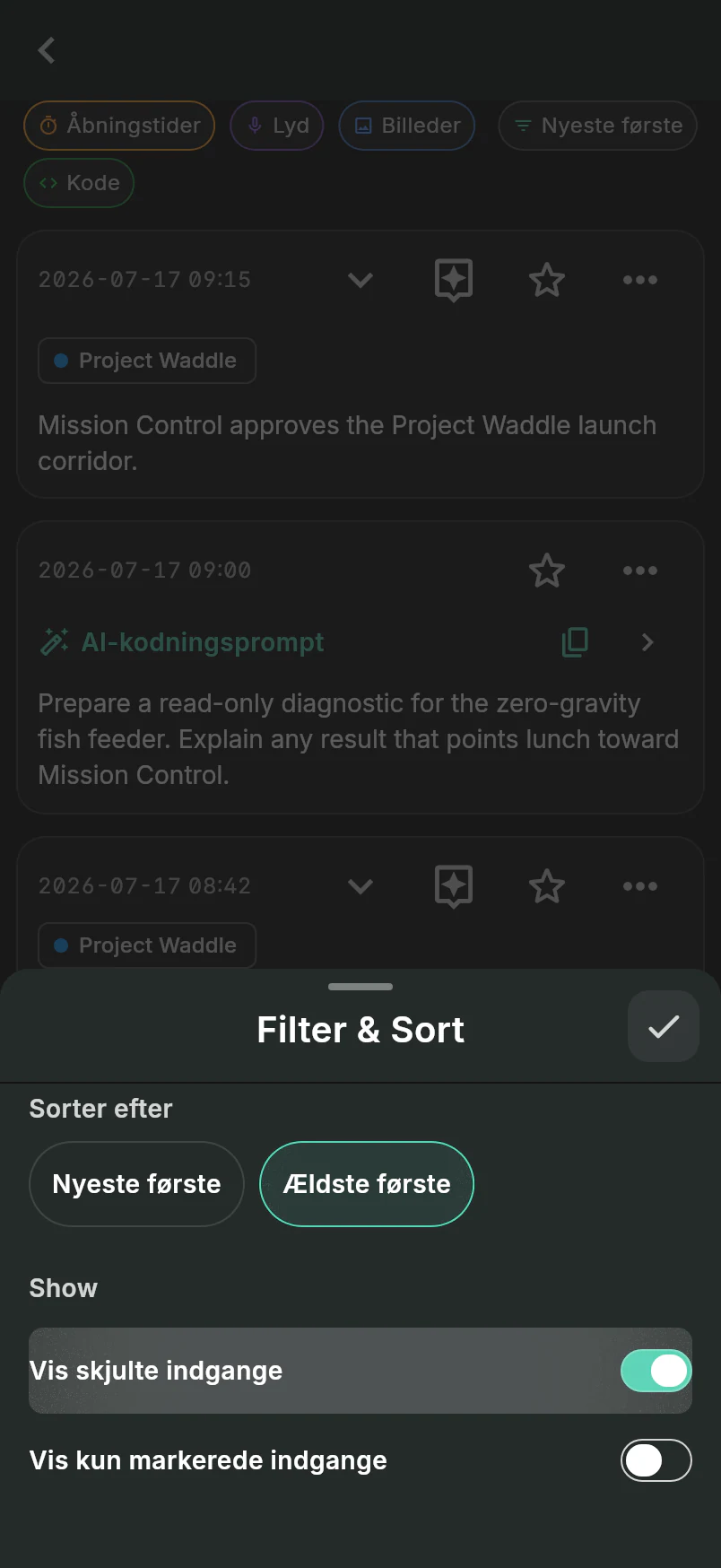 Filter and Sort sheet over Project Waddle linked activity with Oldest first and Show hidden entries selected