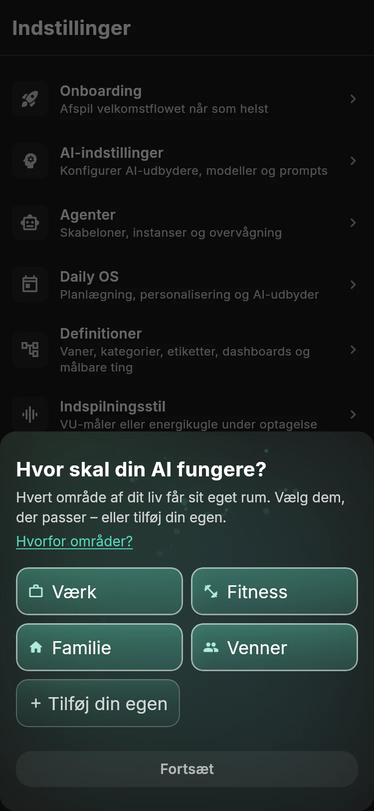 Lotti onboarding work-area chooser with Work, Fitness, Family, Friends, and Add your own choices