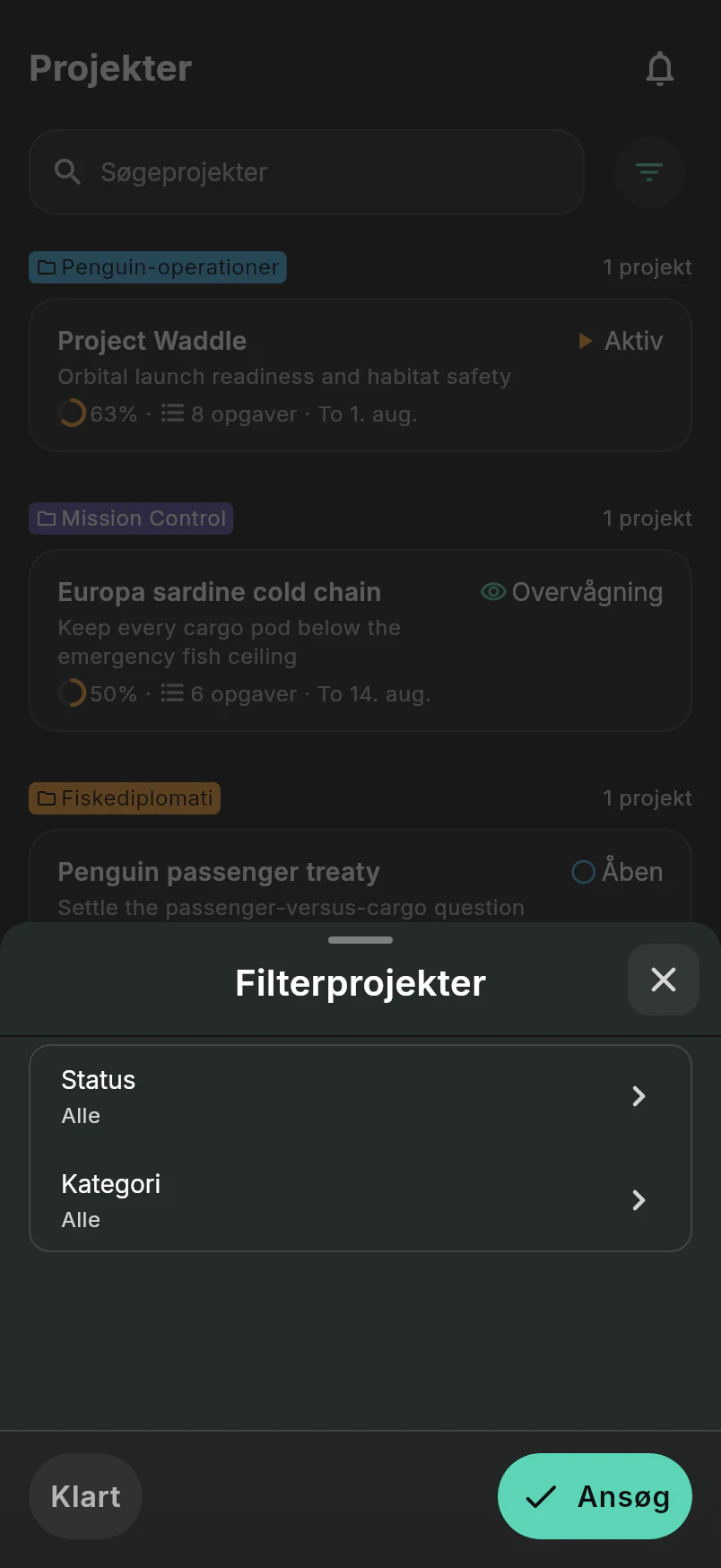Project filter dialog with status and category controls over the Intergalactic Penguin Logistics project list