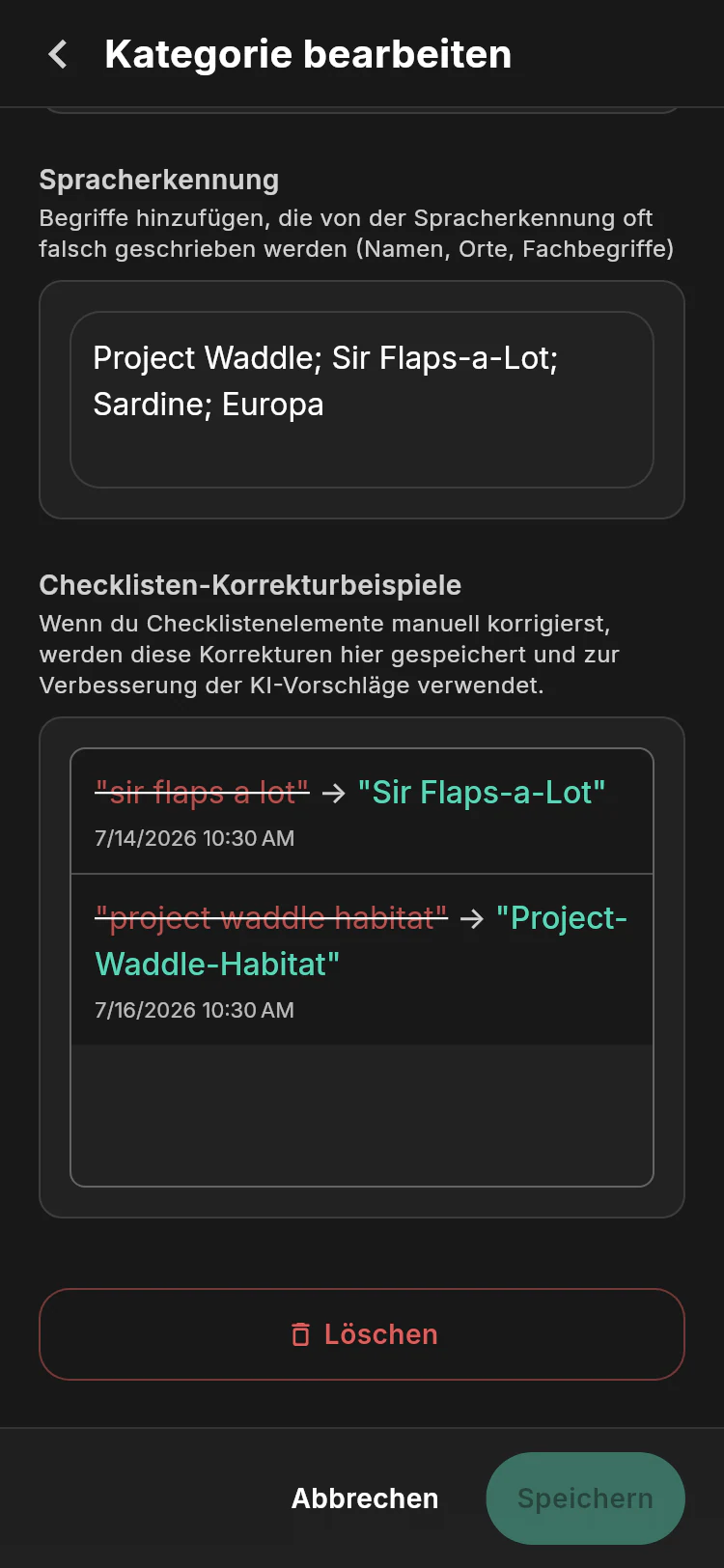 Erweiterte Einstellungen für Pinguinbetrieb mit Project-Waddle-Sprachwortschatz und gelernten Checklisten-Korrekturen für Sir Flatterviel