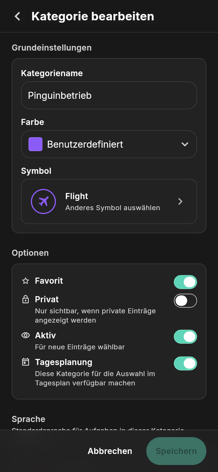 Editor für Pinguinbetrieb mit Name, violetter Flugidentität sowie Optionen für Favorit, Privat, Aktiv und Tagesplanung