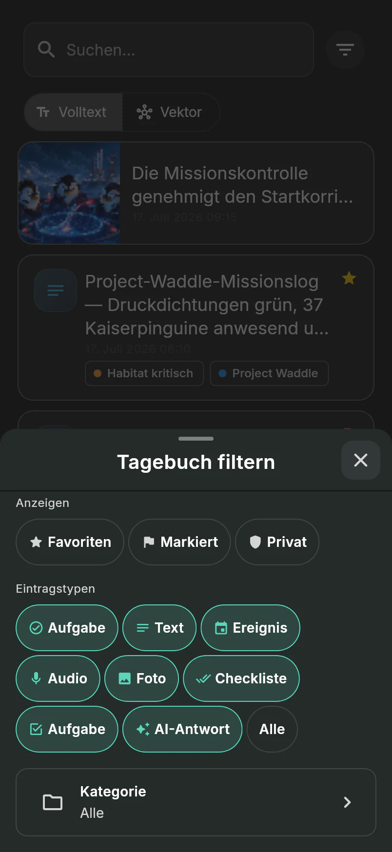 Journalfilter mit Favorit-, Markiert-, Privat-, Typ- und Kategoriensteuerung über dem Pinguinlogistik-Feed