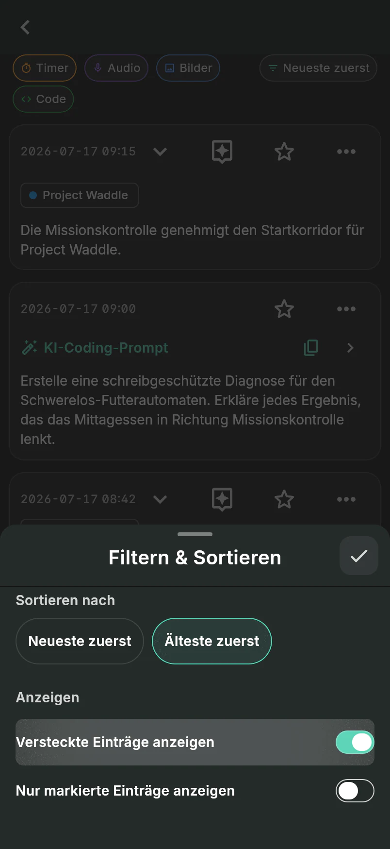 Filter-und-Sortier-Dialog über Project-Waddle-Aktivität mit Älteste zuerst und Verborgene Einträge anzeigen
