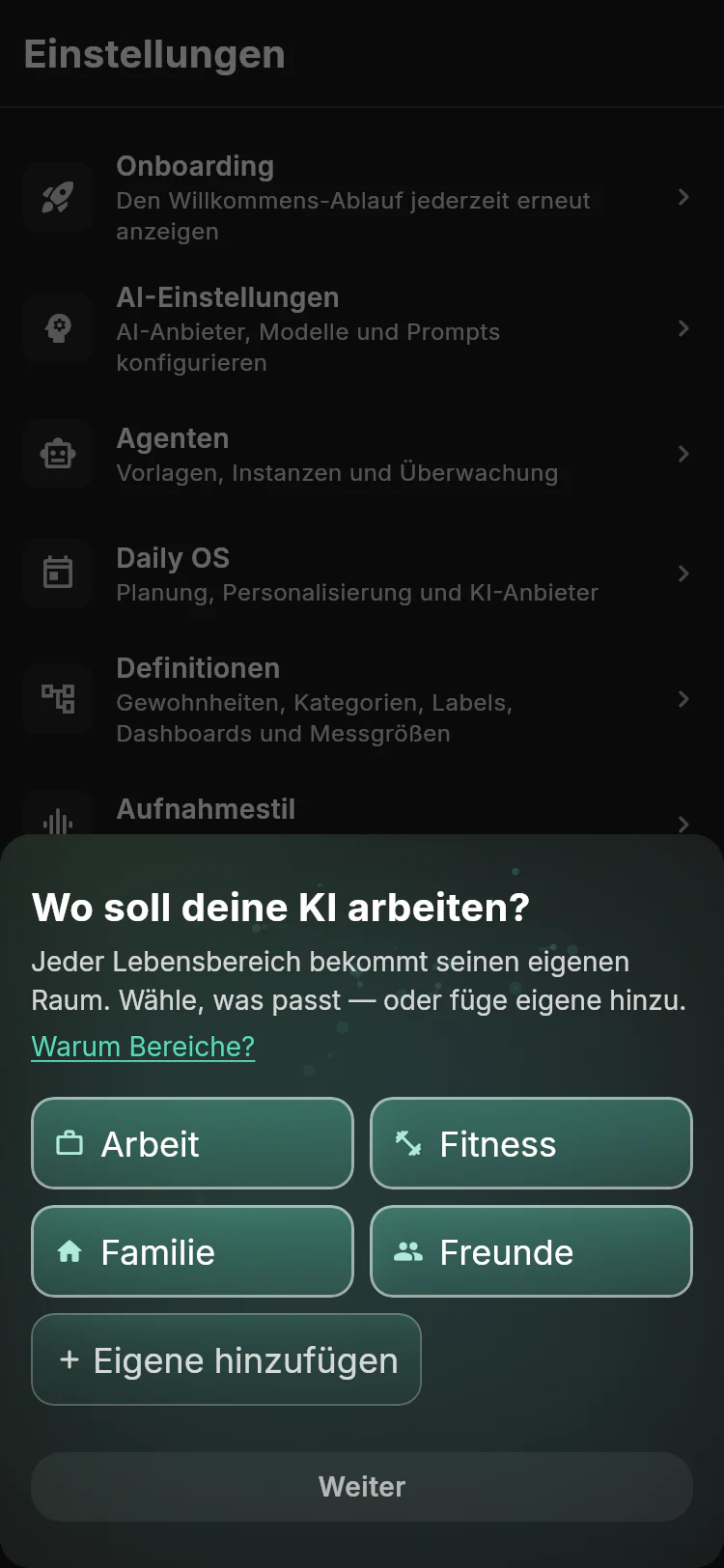 Auswahl von Arbeitsbereichen mit Arbeit, Fitness, Familie, Freunden und einer eigenen Kategorie
