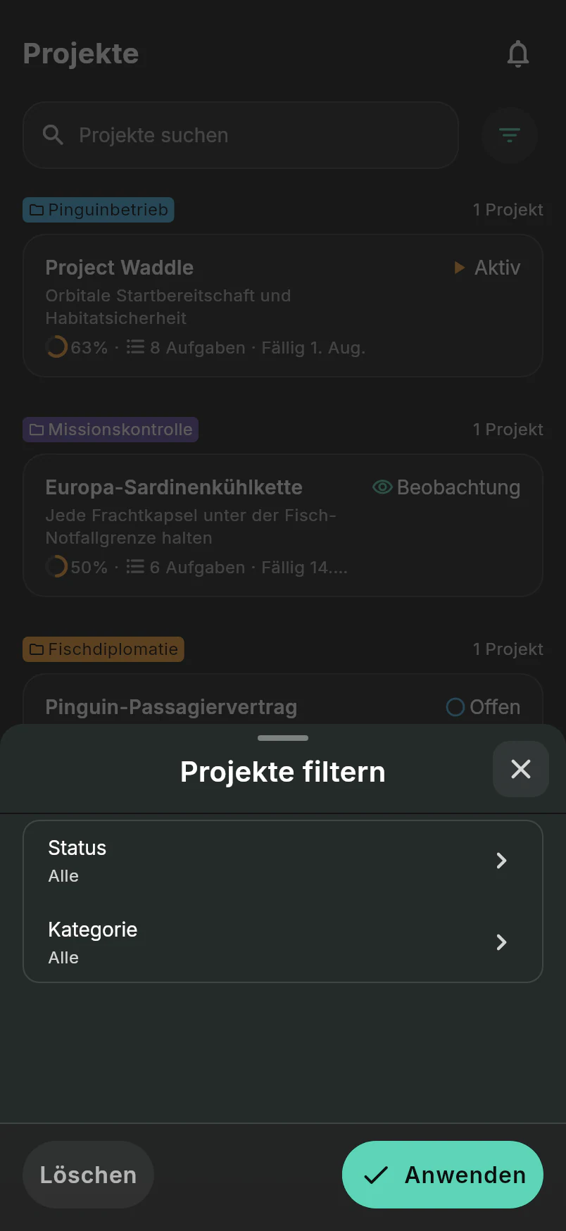 Projektfilter mit Status und Kategorien über der Projektliste der intergalaktischen Pinguinlogistik