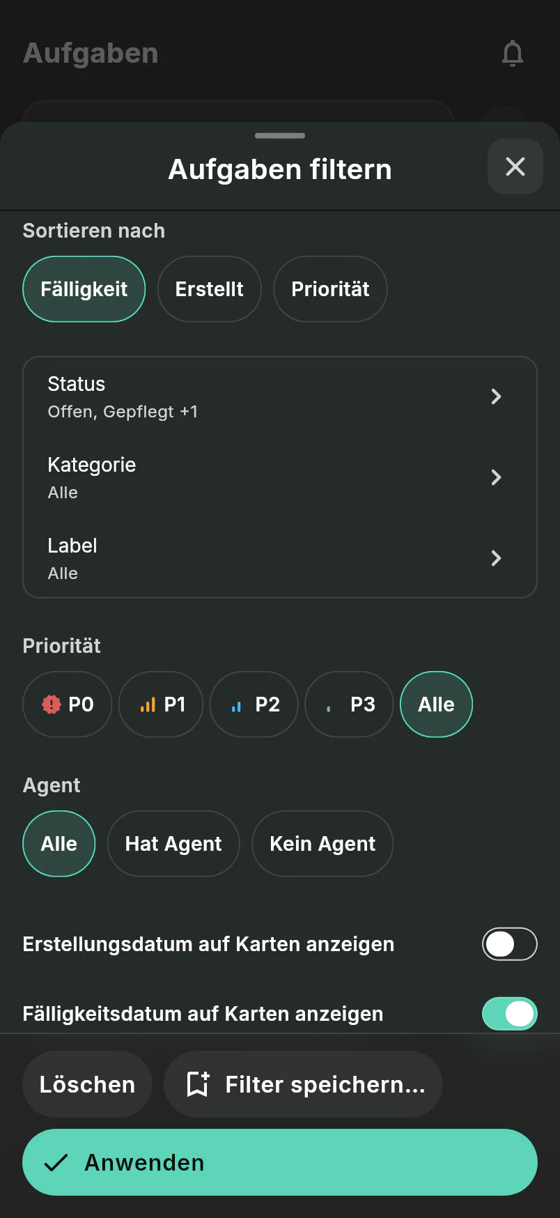 Aufgabenfilter mit Sortierung, Status, Priorität, Kategorie und Labels
