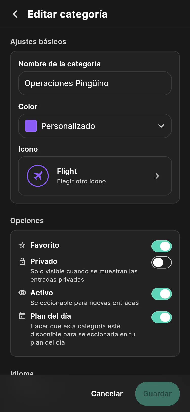 Editor de la categoría Operaciones de pingüinos con su nombre, identidad de vuelo morada y opciones de favorita, privada, activa y planificación diaria