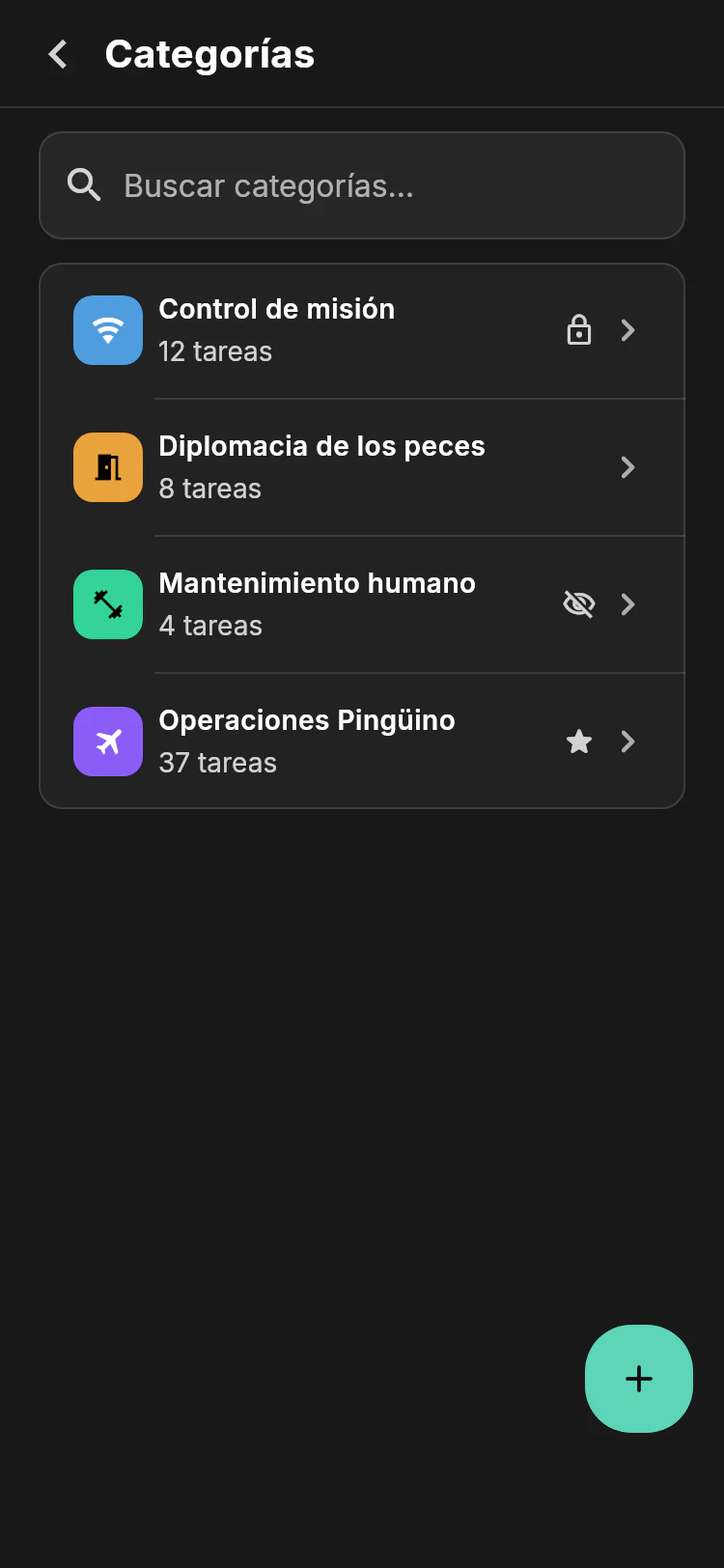 Ajustes de categorías con Operaciones de pingüinos, Control de misión, Diplomacia de los peces y Mantenimiento humano, recuentos de tareas e iconos de estado