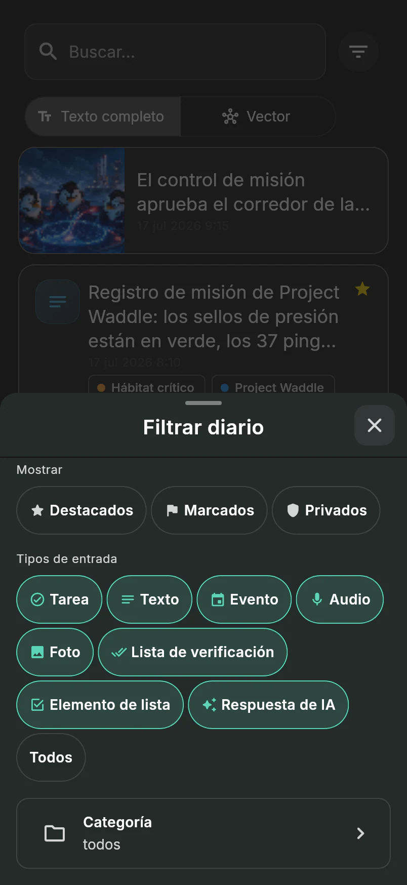Diálogo de filtro del Diario con controles de destacados, marcados, privados, tipo de entrada y categoría sobre la cronología de logística de pingüinos