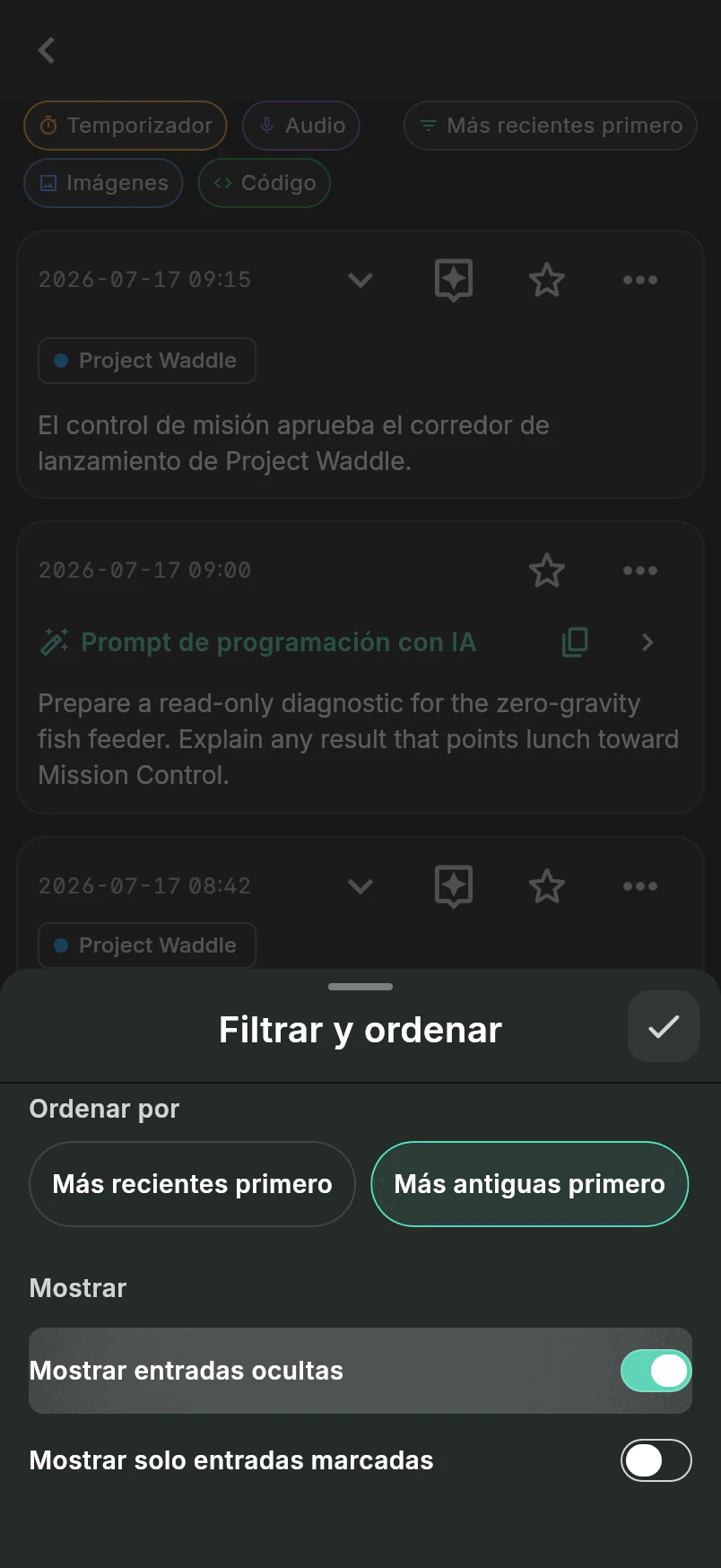 Hoja Filtrar y ordenar sobre la actividad vinculada de Project Waddle con Más antiguo primero y Mostrar entradas ocultas seleccionados