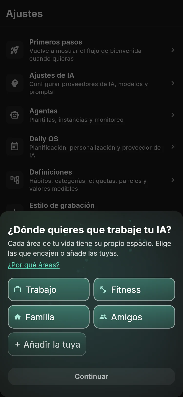 Selector de áreas de trabajo del onboarding de Lotti con Trabajo, Fitness, Familia, Amigos y la opción para añadir la tuya