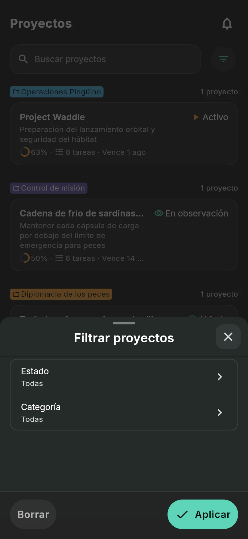 Diálogo de filtro de proyectos con controles de estado y categoría sobre la lista de proyectos de Intergalactic Penguin Logistics