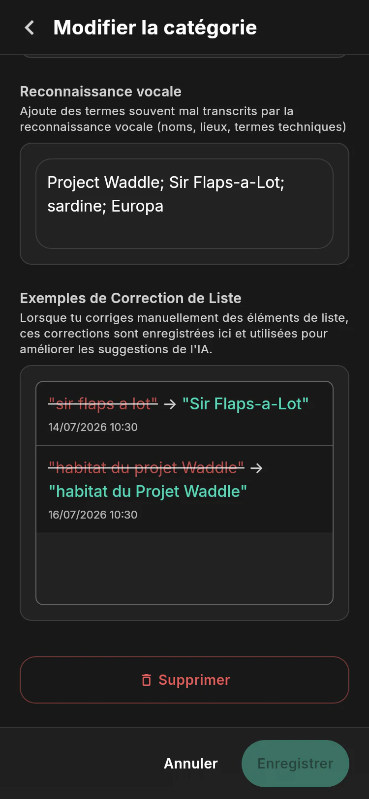 Paramètres avancés d’Opérations Pingouins avec vocabulaire vocal Project Waddle et corrections de liste de contrôle apprises pour Sir Flaps-a-Lot