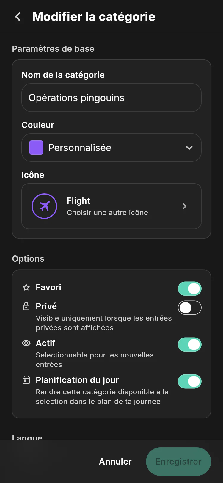 Éditeur de catégorie Opérations Pingouins affichant son nom, son identité violette de vol et les options favori, privée, actif et planification du jour