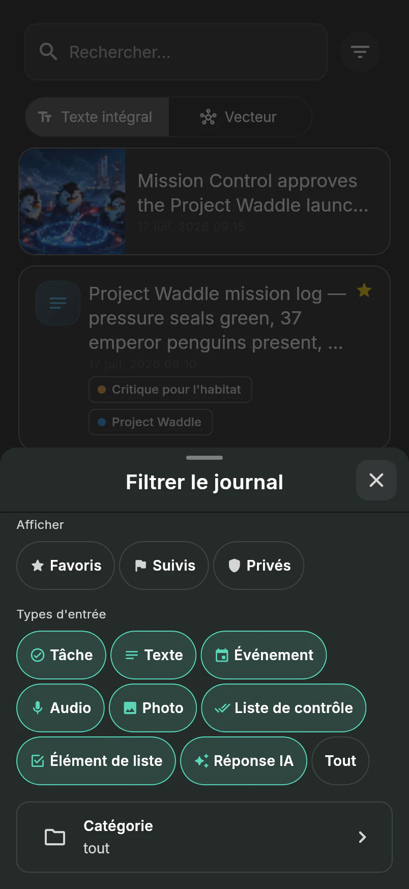 Fenêtre de filtres du Journal avec commandes pour les entrées étoilées, signalées, privées, les types d’entrée et les catégories au-dessus du flux de logistique des pingouins