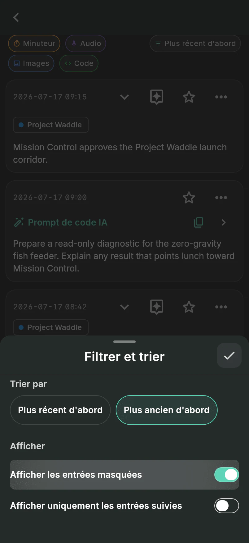 Feuille Filtrer et trier au-dessus de l’activité liée à Project Waddle avec Du plus ancien au plus récent et Afficher les entrées masquées sélectionnés