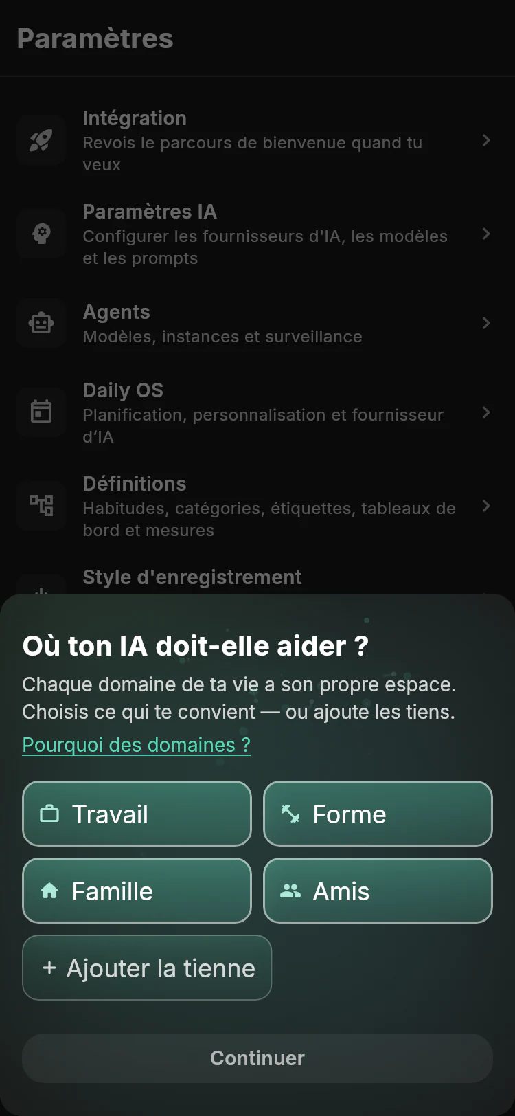 Sélecteur de domaines de travail de l’intégration Lotti avec Travail, Forme, Famille, Amis et l’option Ajouter la tienne