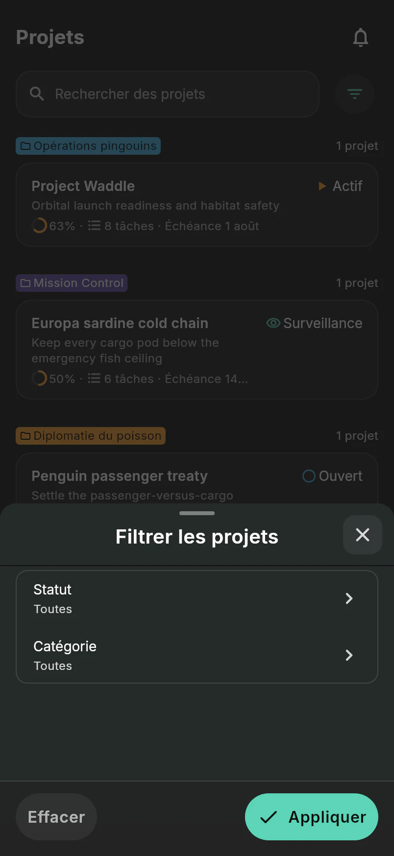 Boîte de dialogue de filtre des projets avec contrôles d’état et de catégorie au-dessus de la liste de projets Intergalactic Penguin Logistics