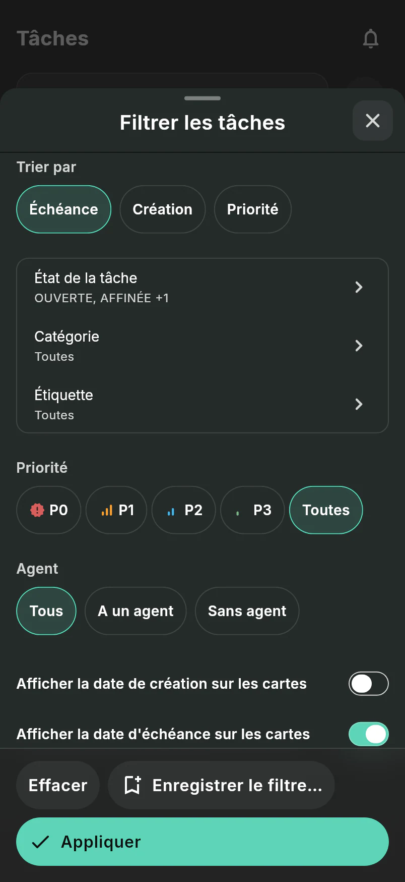 Feuille de filtre des tâches avec commandes de tri, état, priorité, catégorie et étiquette