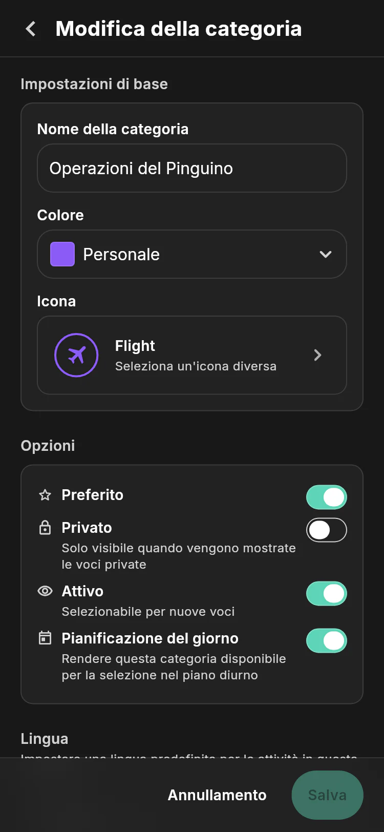 Penguin Operations editor categoria che mostra il suo nome, identità di volo viola, e le opzioni preferite, private, attive e day-planning