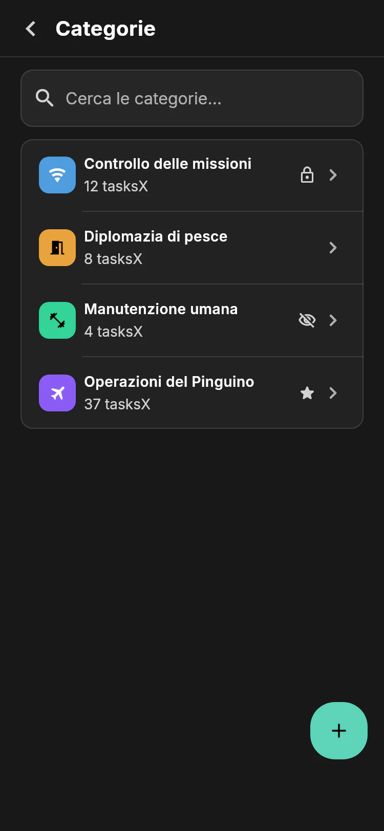 Impostazioni di categoria contenenti Operazioni di Pinguino, Controllo Missione, Diplomazia di Pesce e Manutenzione Umana con conteggi di attività e icone di stato