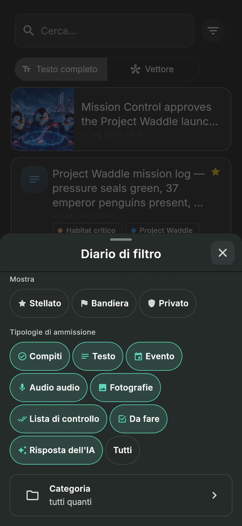 Filtro di giornale finestra di dialogo con stelle, flagged, privato, entry-type, e controlli di categoria sopra il feed logistica pinguino