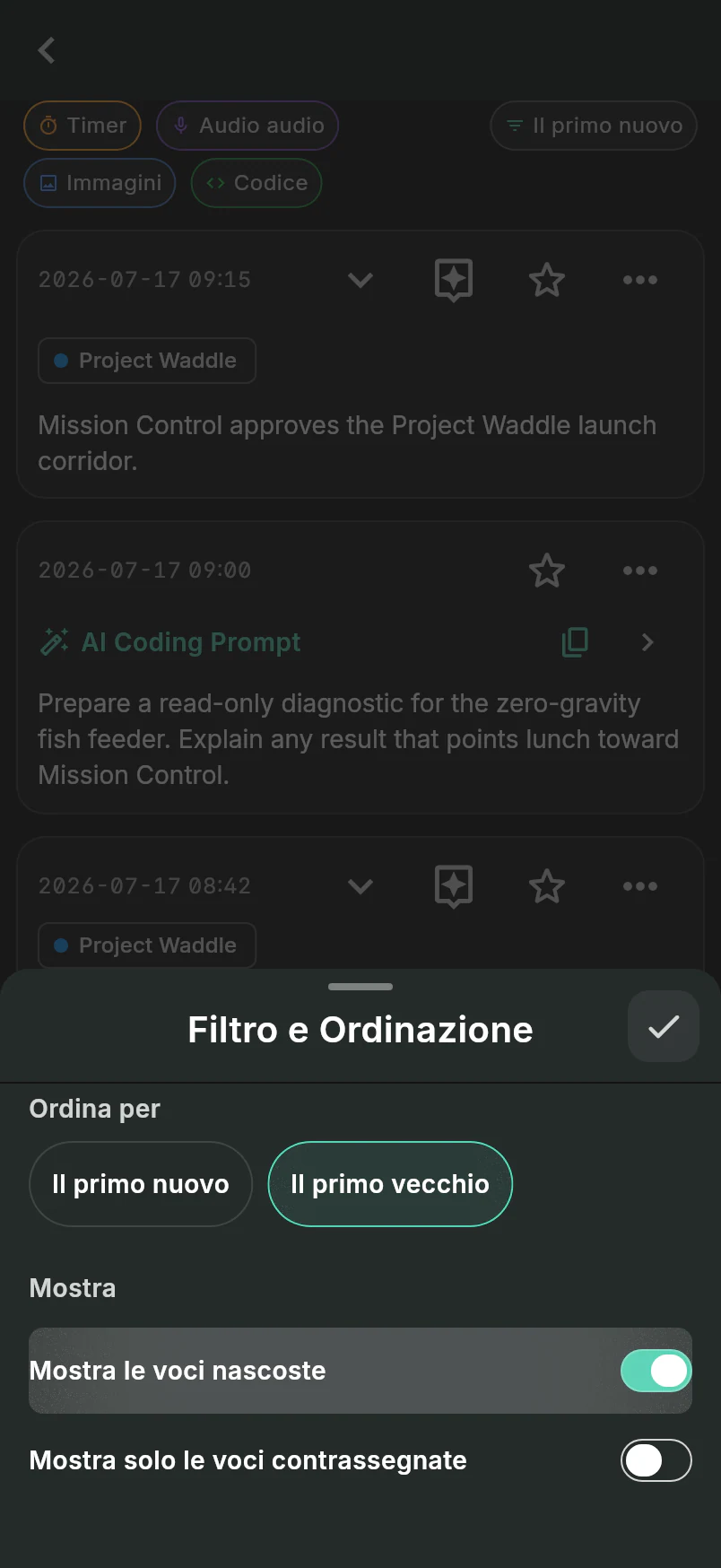 Filtra e Ordina foglio su Progetto Waddle attività collegata con il più vecchio primo e Mostra le voci nascoste selezionate