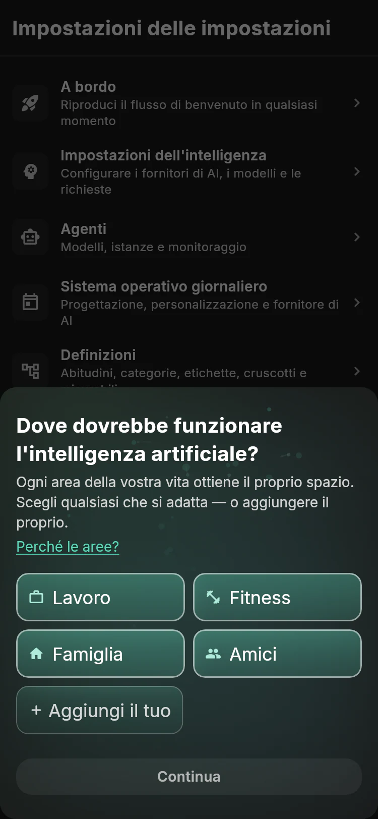 Lotti sceglie l'area di lavoro con il lavoro, il fitness, la famiglia, gli amici e aggiungere le proprie scelte