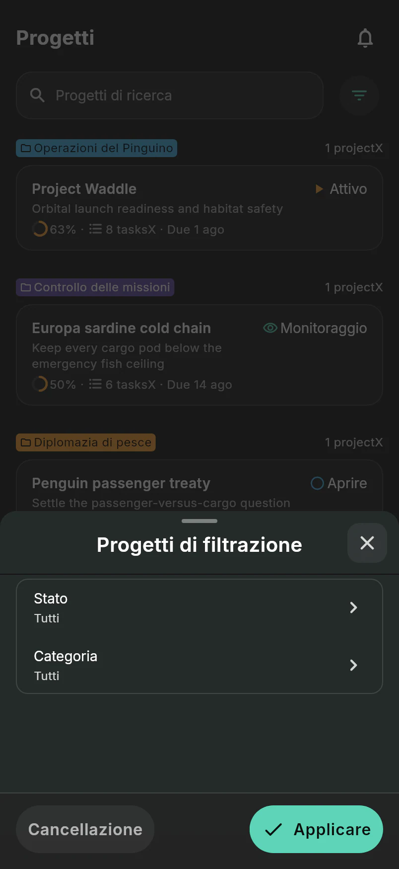 Filtro di progetto dialogo con i controlli di stato e categoria sull'elenco del progetto Intergalactic Penguin Logistics
