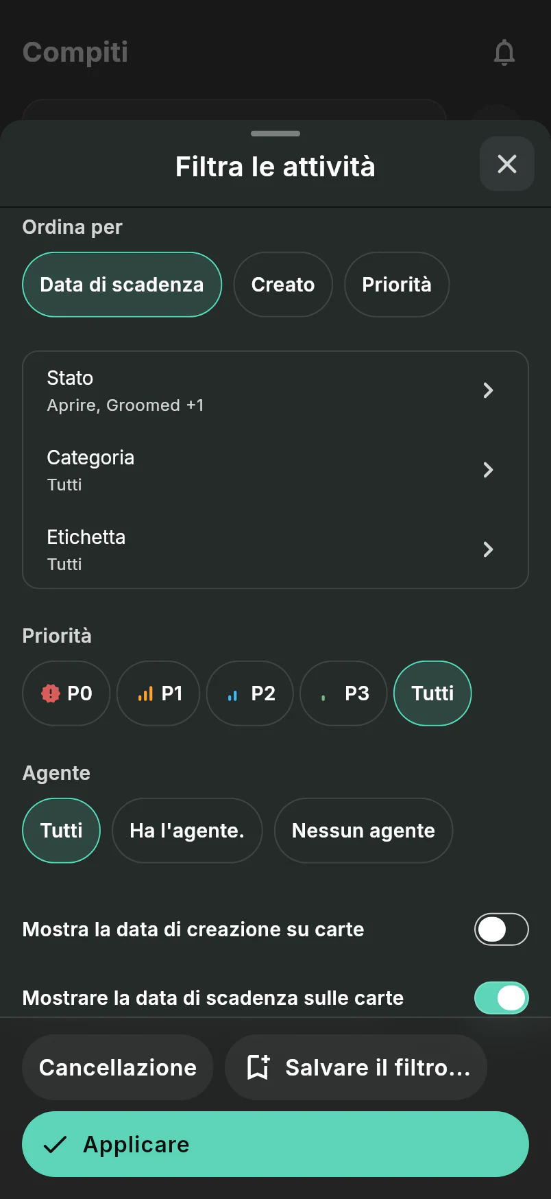 Scheda di filtro attività con controllo di tipo, stato, priorità, categoria e etichetta