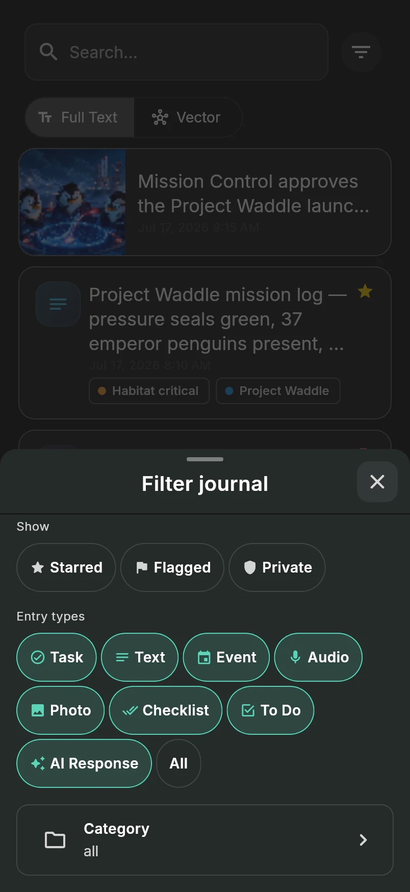 Journal filter dialog with starred, flagged, private, entry-type, and category controls over the penguin logistics feed