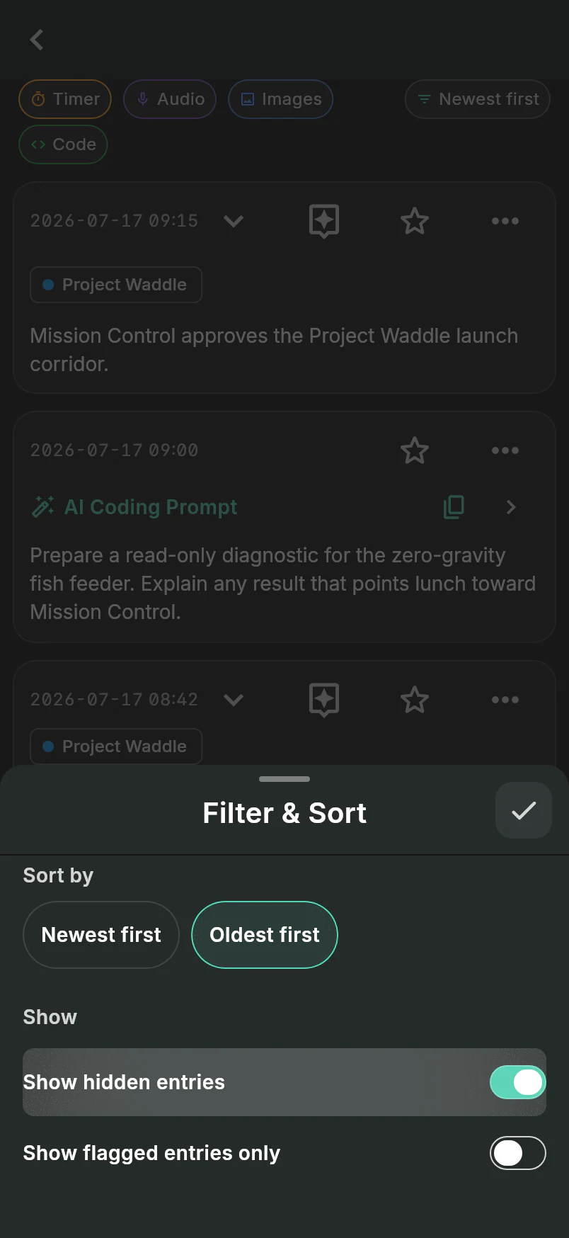 Filter and Sort sheet over Project Waddle linked activity with Oldest first and Show hidden entries selected