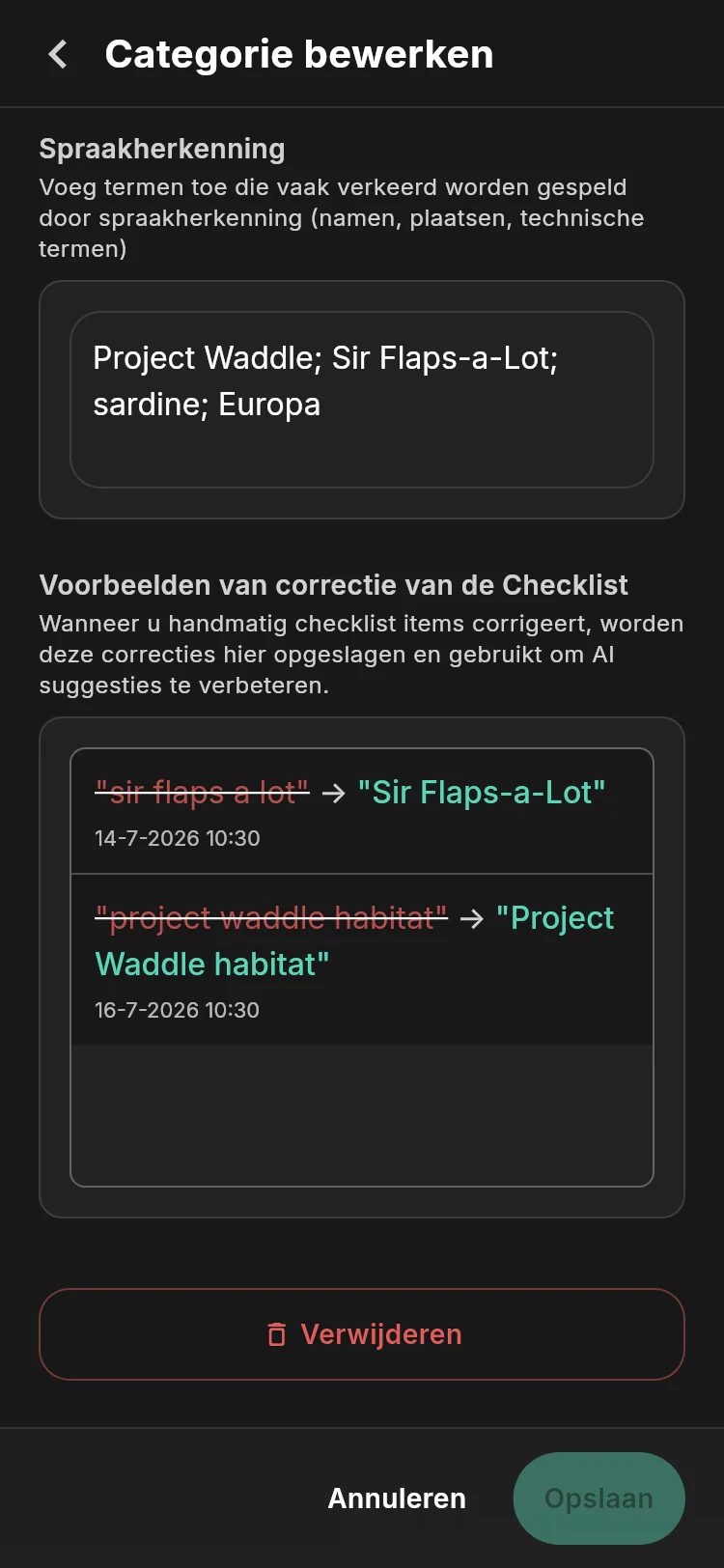 Penguin Operations geavanceerde instellingen met Project Waddle spraak woordenschat en geleerde checklist correcties voor Sir Flaps-a-Lot