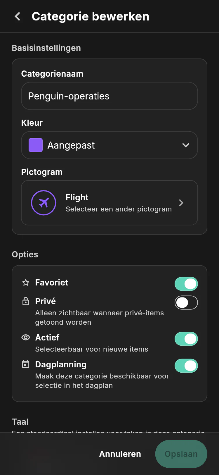 Penguin Operations categorie editor met zijn naam, paarse vlucht identiteit, en favoriete, prive, actieve en dag-planning opties