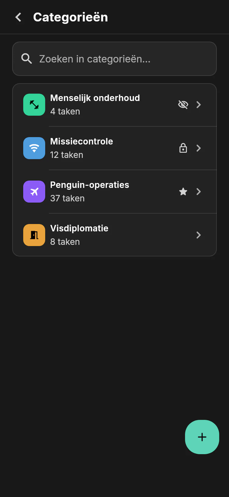 Categorie instellingen met Pinguïn operaties, Missiecontrole, Visdiplomatie en Menselijk onderhoud met taaknummers en status pictogrammen